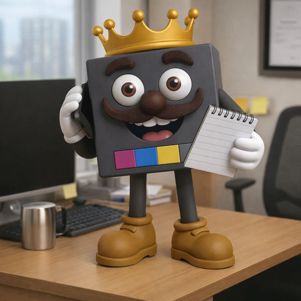 Mascota de Lord Toner en oficina moderna representando atención rápida y soluciones de oficina confiables