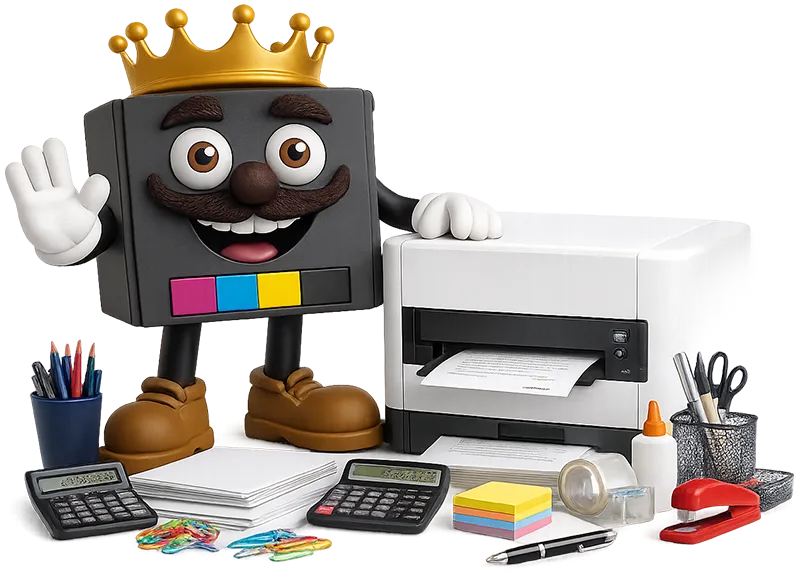 Mascota de Lord Toner junto a una impresora rodeada de artículos de oficina en fondo blanco